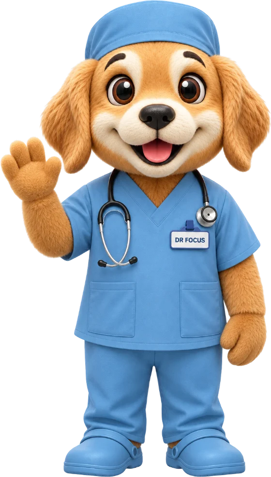 Dr. Focus, our mascot, waving hello